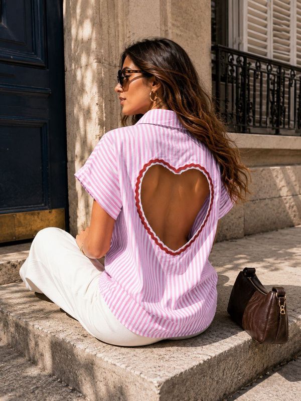 Chemise Femme Rayée – Dos Cœur Rose