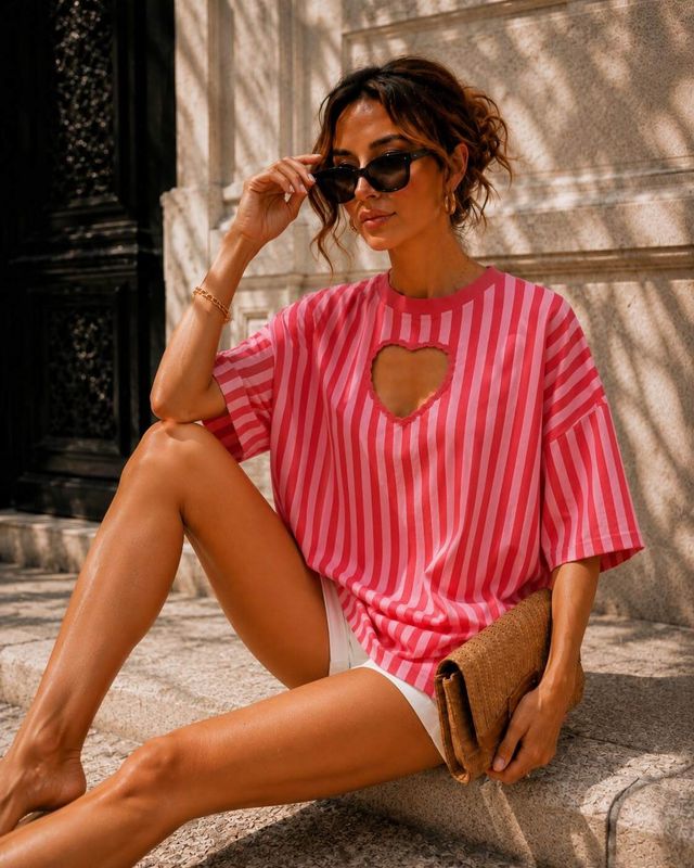 T-shirt Oversize - Rayé Cœur Ajouré Rouge/Rose