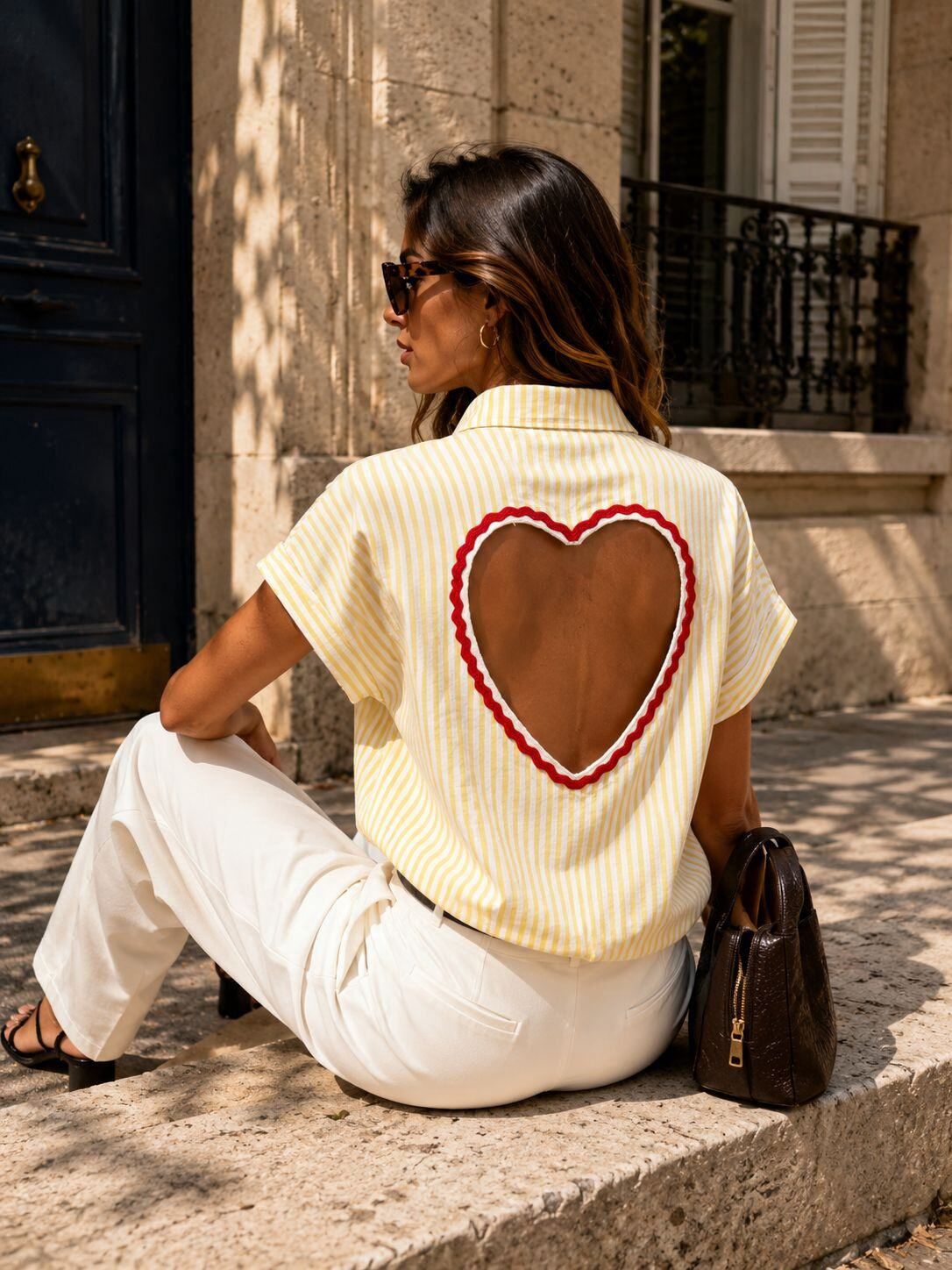 Chemise Femme Rayée – Dos Cœur Jaune