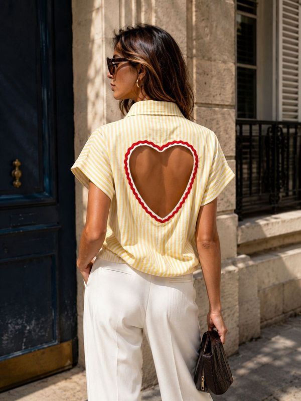 Chemise Femme Rayée – Dos Cœur Jaune