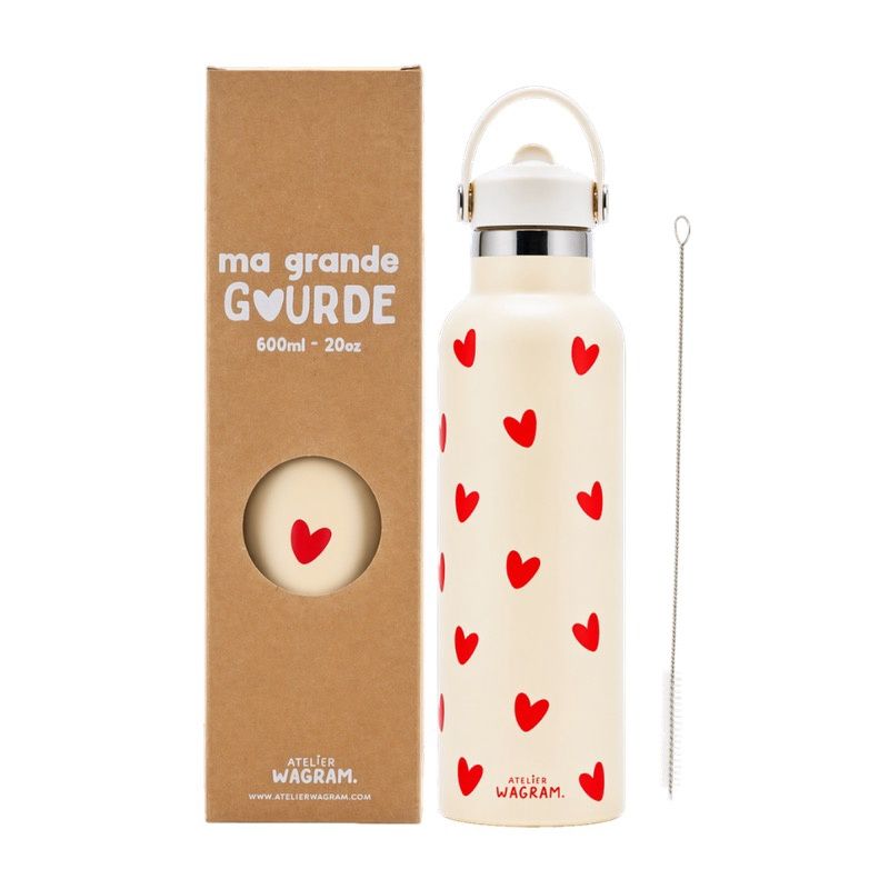 Gourde 600ml - Crème coeurs rouges