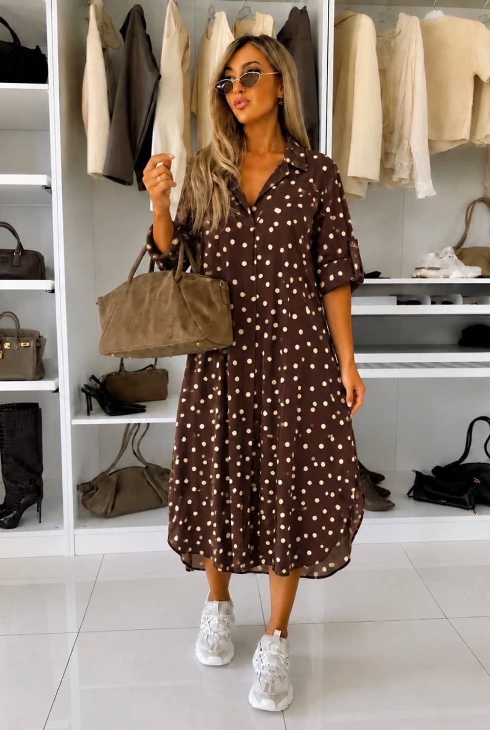 Robe chemise imprimée pois – Coupe ample et fluide, Color: Brun foncé