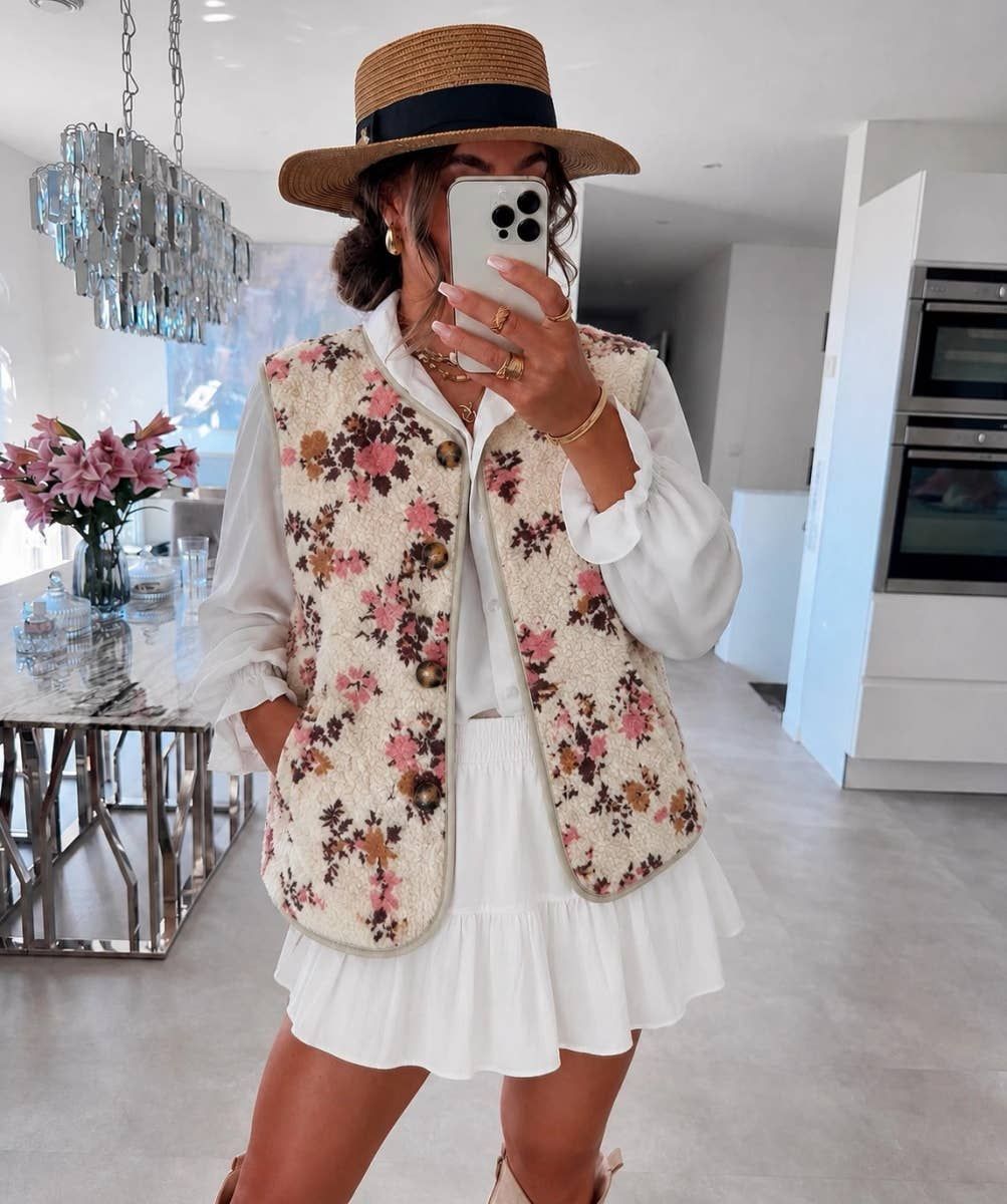 Gilet Teddy avec poches motifs fleuris, Color: Écru