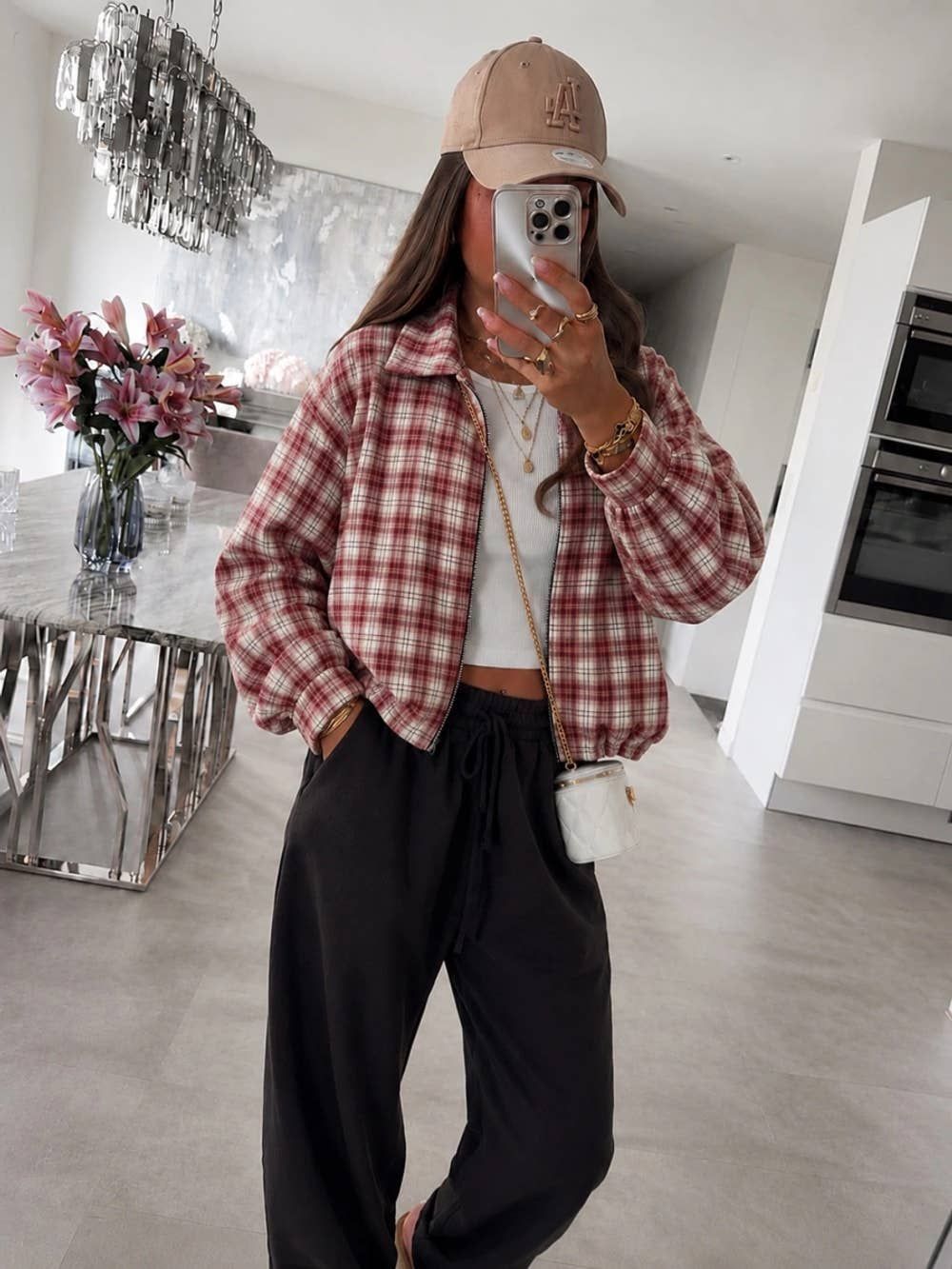 Veste Surchemise Zippée à Carreaux effet flanelle poche avant, Color: Vieux Rose