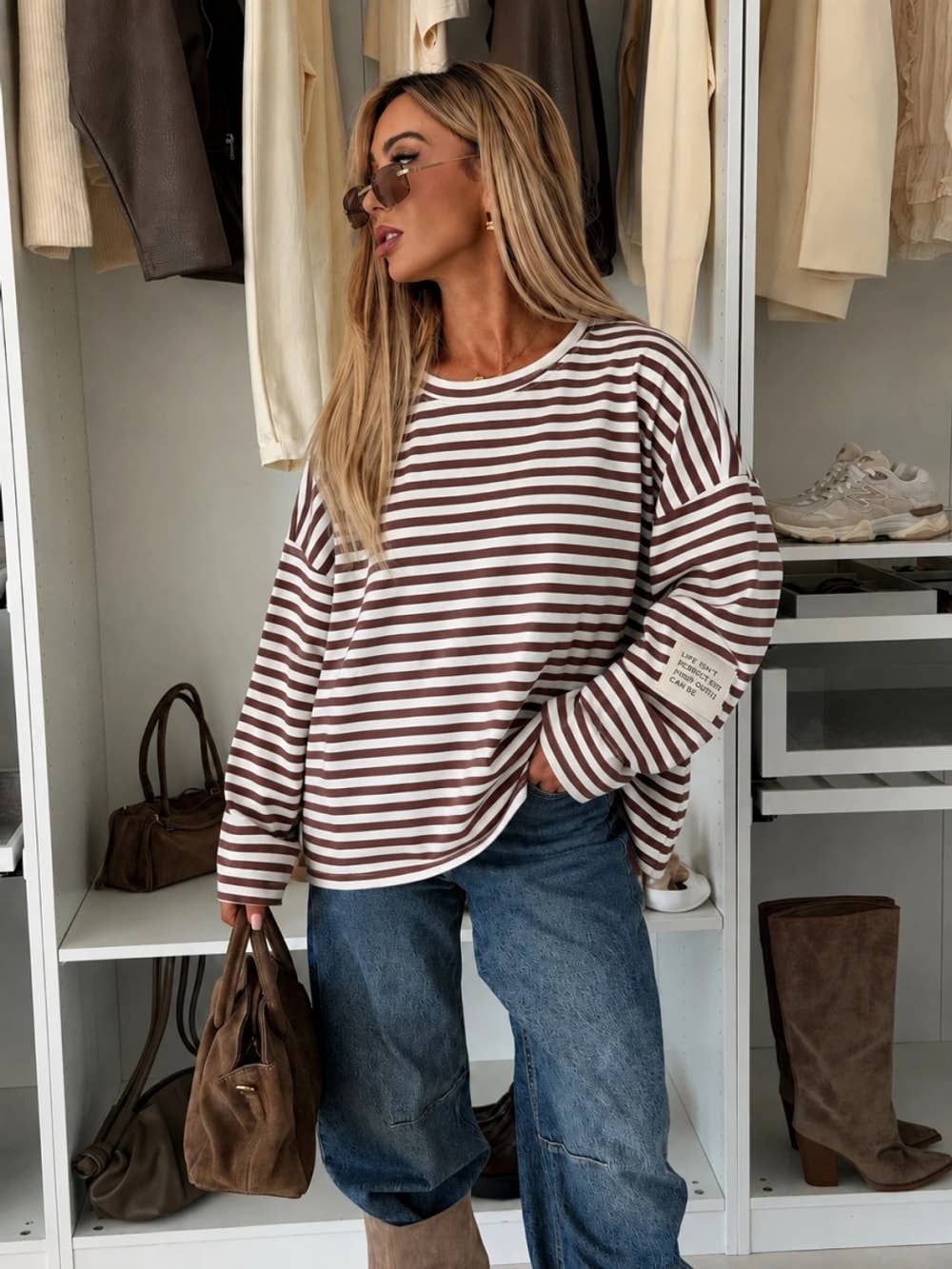 Pull oversize à rayures &amp; patch « Life Isn’t Perfect », Color: Brun