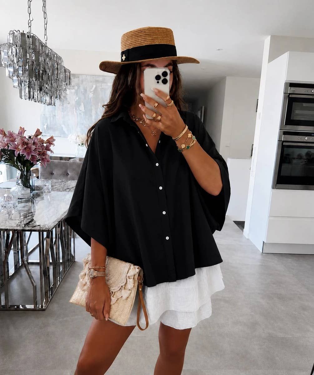 Chemise Oversize– Coupe Chauve-Souris – Tissu Fluide, Color: Noir