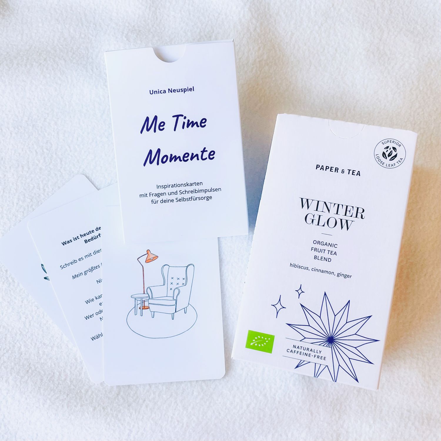 Set: Karten &quot;Me Time Momente&quot; &amp; Bio-Tee &quot;Winter Glow&quot;