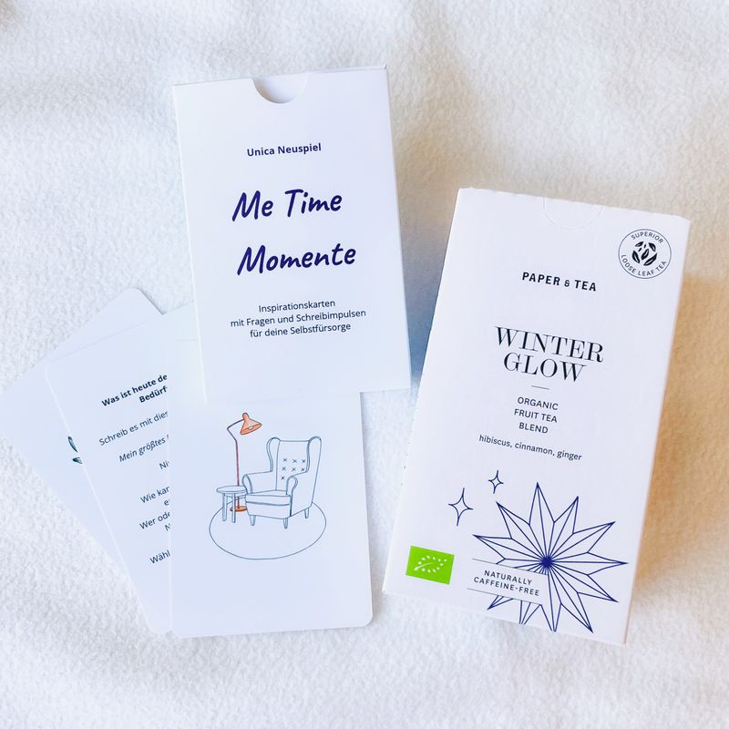 Set: Karten &quot;Me Time Momente&quot; &amp; Bio-Tee &quot;Winter Glow&quot;