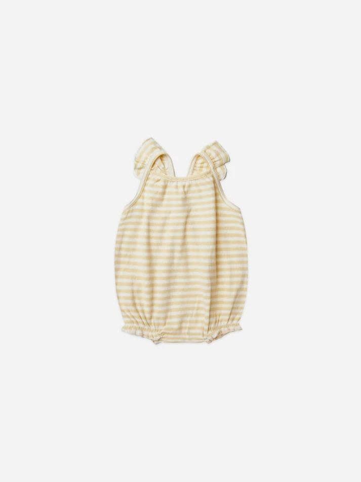 Quincy Mae Ribbed Ruffle Romper, Size: 0/3m, Color: Yellow Stripe