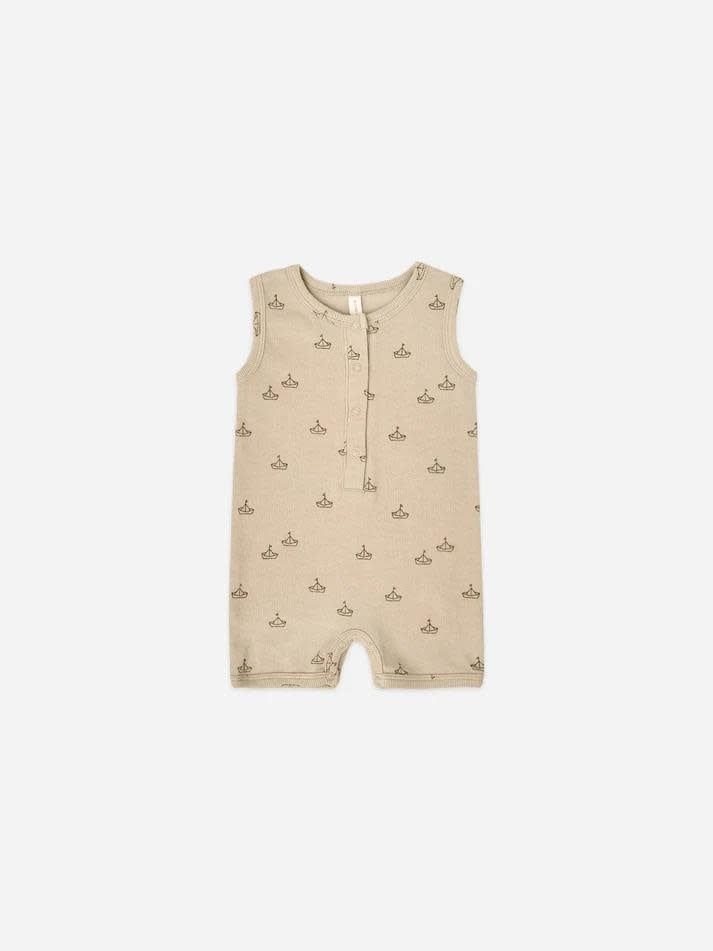Quincy Mae Ribbed Henley Romper, Color: Latte Boats, Size: 0/3m