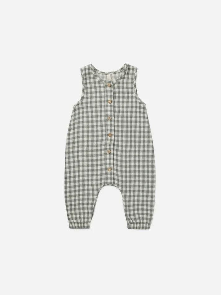 Quincy Mae Woven Jumpsuit, Color: Sea Green Gingham, Size: 0/3m