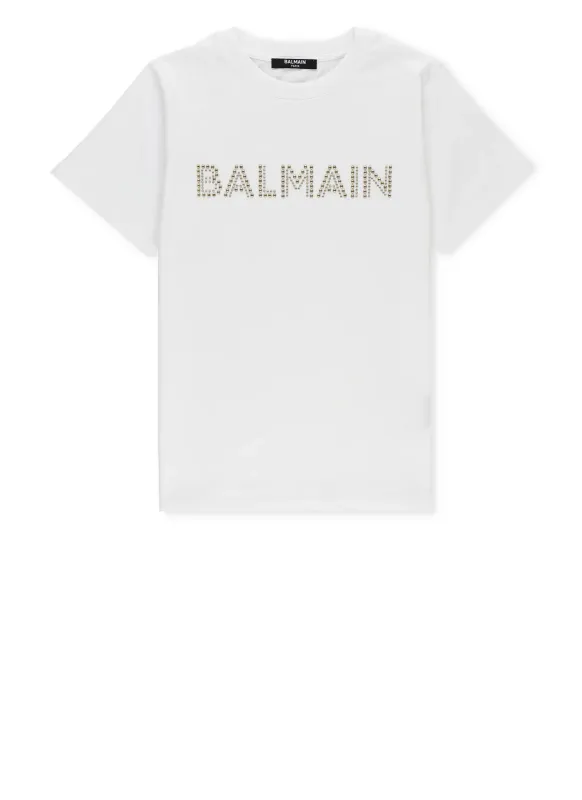 Balmain Kids Gold Embroidery Logo T-Shirt, Color: White, Size: 6y