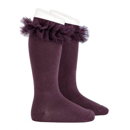 CONDOR TULLE RUFFLE RIB KNEE SOCKS, Color: BURDEOS, Size: 4