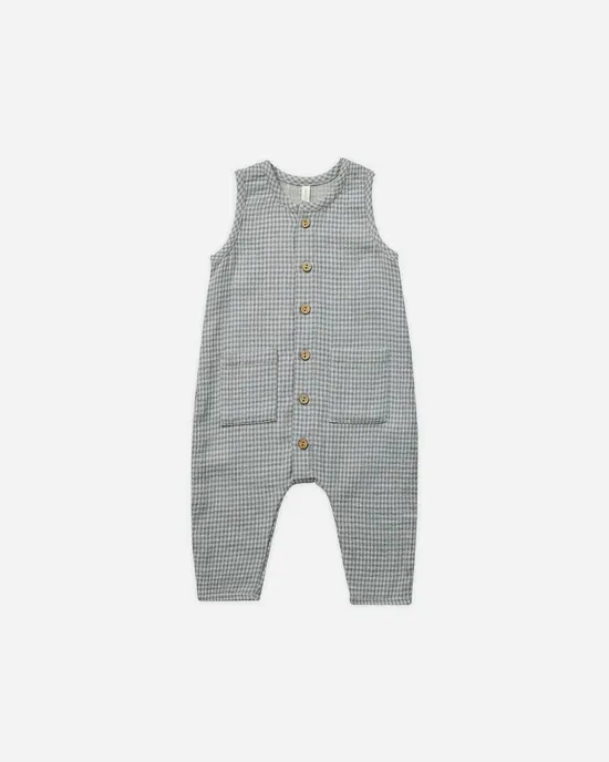 Quincy Mae Sleeve Pocketed Jumpsuit, Color: Blue Gingham, Size: 3/6m