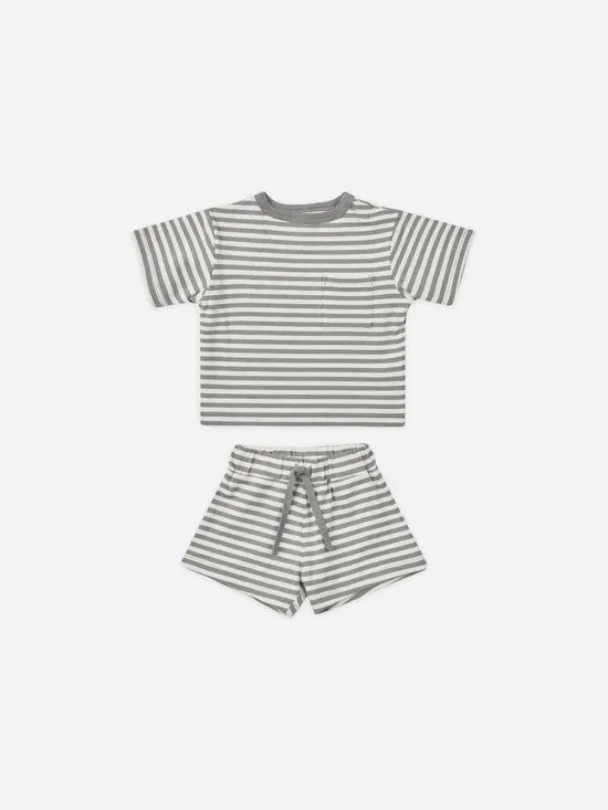 QM Boxy Pocket Tee + Short , Color: Lagoon Stripe, Size: 12/18m