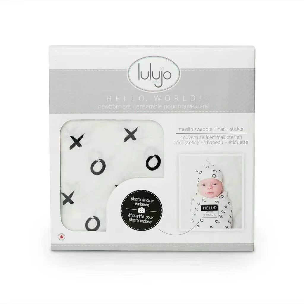 Lulujo Hello World Blanet + Knotted Hat, Color: XO, Size: New Born Set