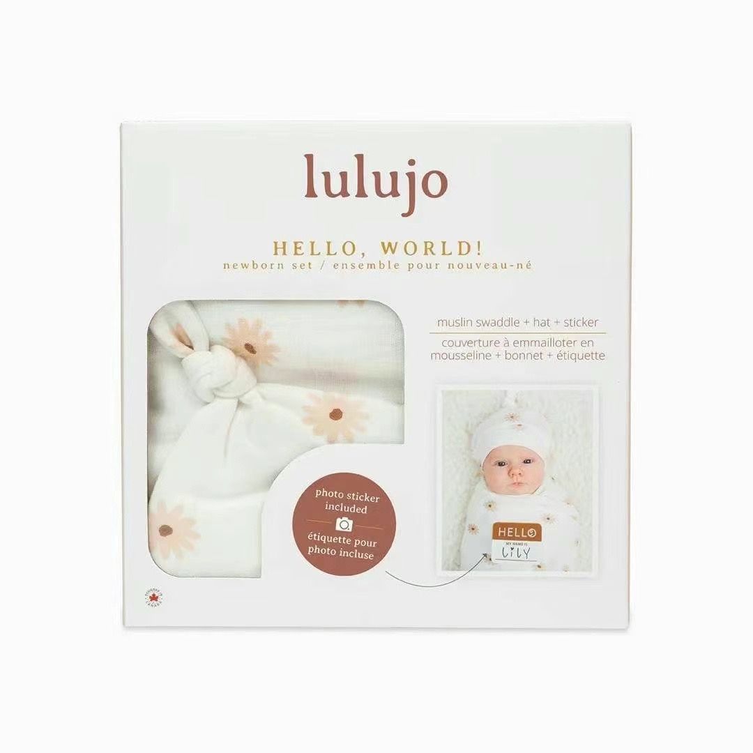 Lulujo Hello World Blanet + Knotted Hat, Color: Daisies, Size: New Born Set