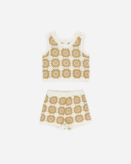 Rylee Cru Crochet Tank Set, Color: Marigold Daisy, Size: 4/5Y