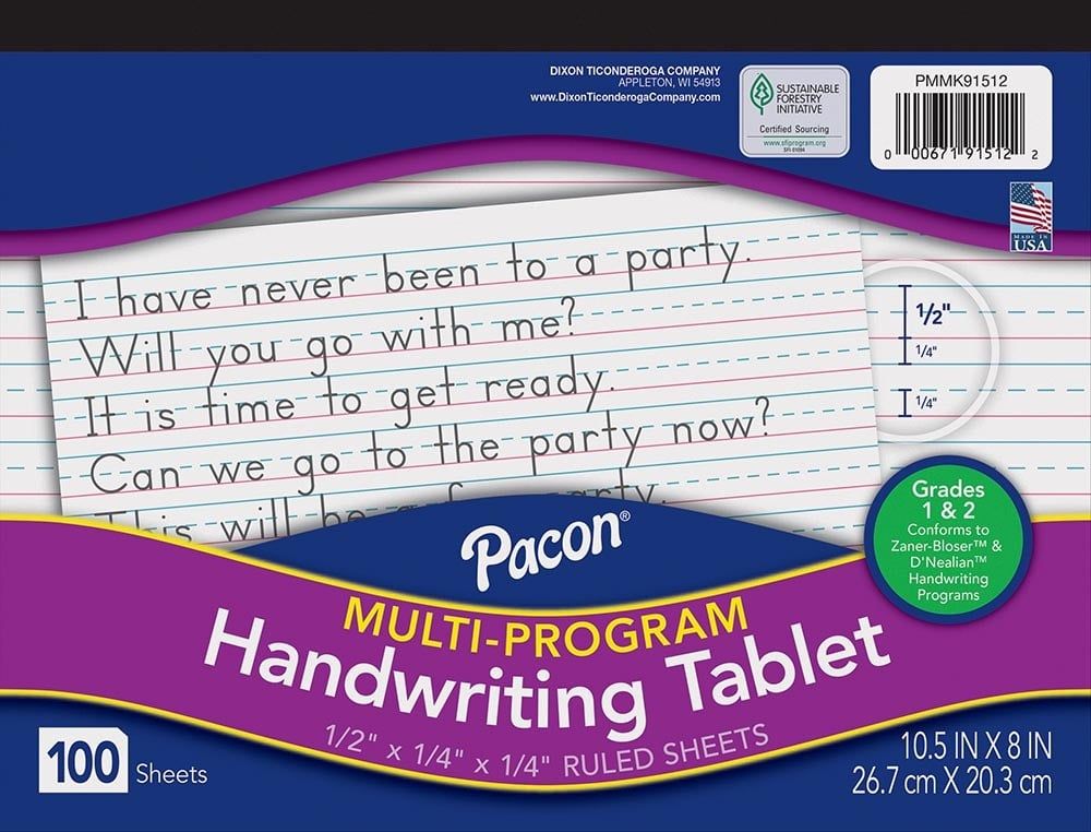 Pacon® Multi-Program Handwriting Tablet 10-1/2" X 8", Ruled Long D'nealian Grade 1 / Zaner-Bloser Grade 2, Long Way 100 Sheets