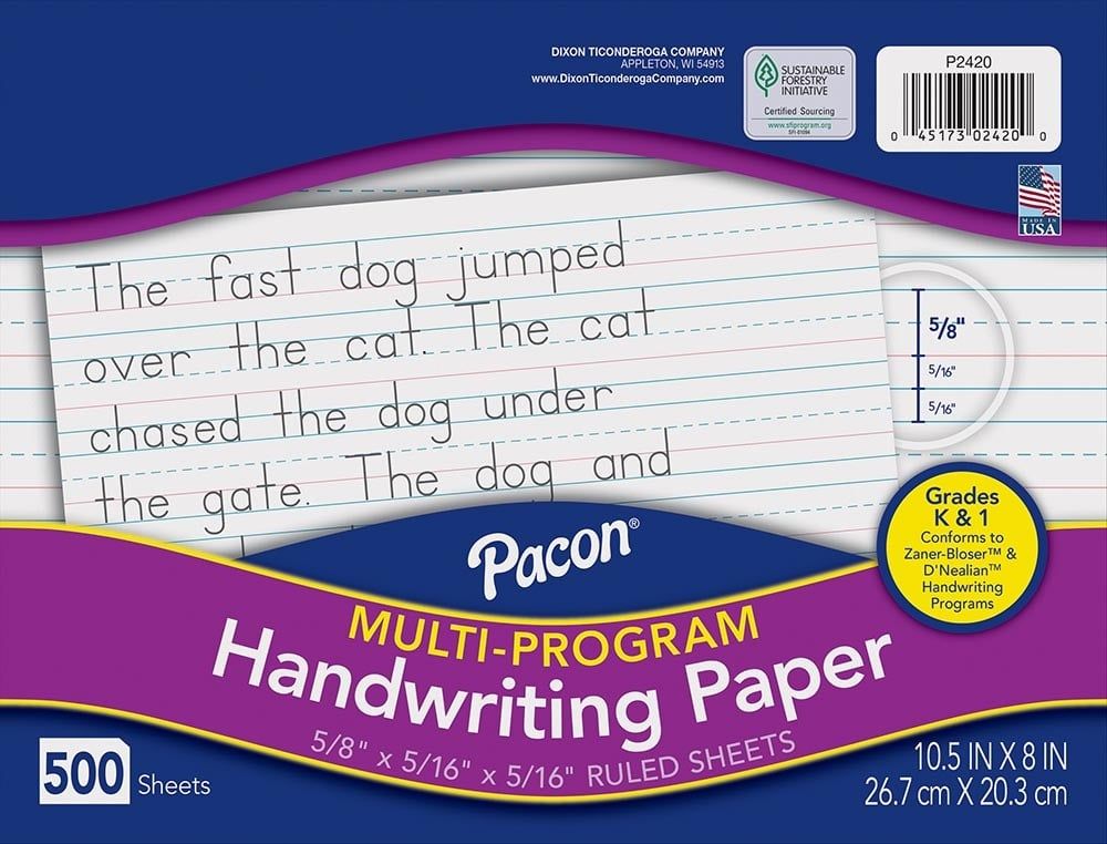 Pacon® Multi-Program Handwriting Paper, Grade 1 10-1/2" X 8", Ruled Long D'nealian Grade K / Zaner-Bloser Grade 1 500 Sheets