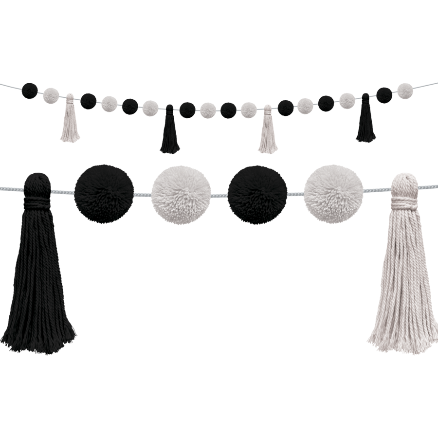 Black and White Pom-Poms and Tassels Garland