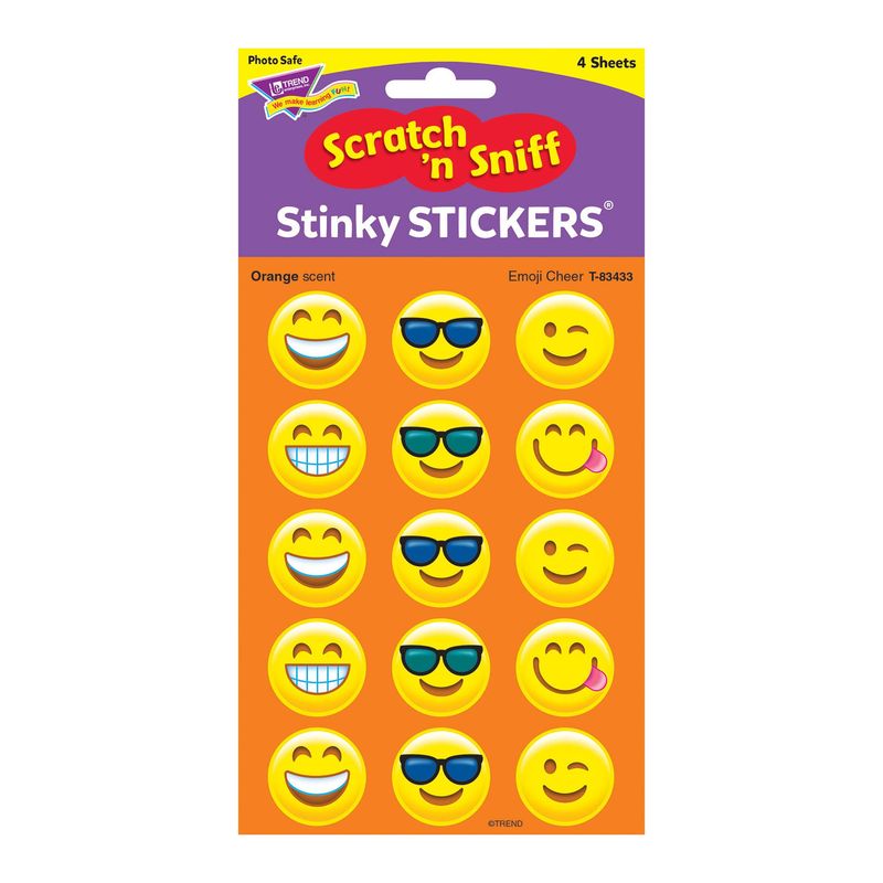 Emoji Cheer, Orange scent Scratch 'n Sniff Stinky Stickers® – Large Round