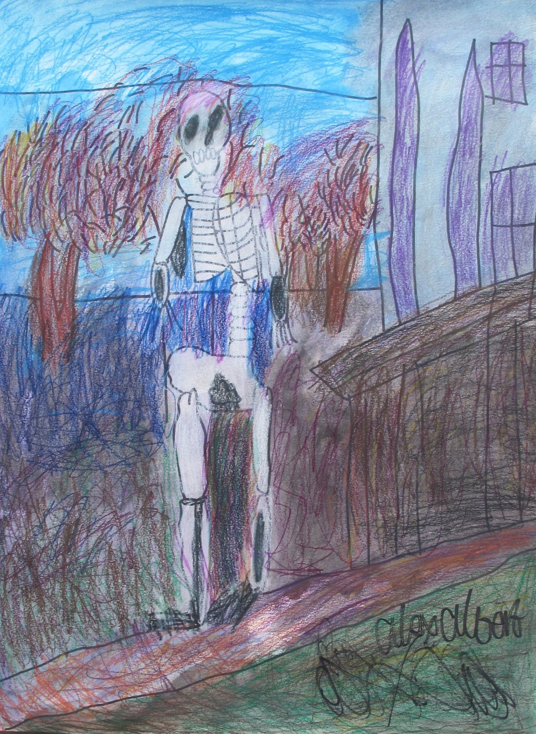 Scene of a skeleton in front of a house, with brown trees in the background against a moody blue sky. The horizon is dark blue and transitions into green and brown, with a brown fenced railing in front of the house next to the skeleton at the right side of the frame.