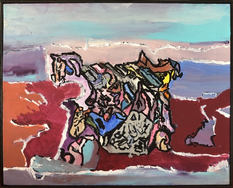 A horizontally layered backdrop of multiple colors including blues, purples, pinks, orange, reds, and white fills the span of the composition. Centered within this backdrop is an abstract scene of thick black linework and alternating colors, presented in organic shapes.