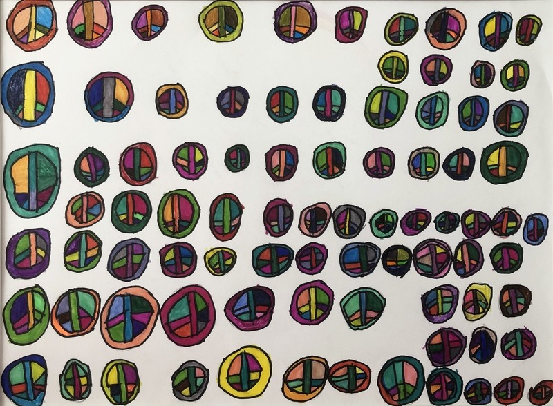 Peace contains 86 scattered peace signs.  Each sign is a circle within a circle and composed of several bright colors.  The peace signs vary in sizes.  The peace signs are on a white background. 