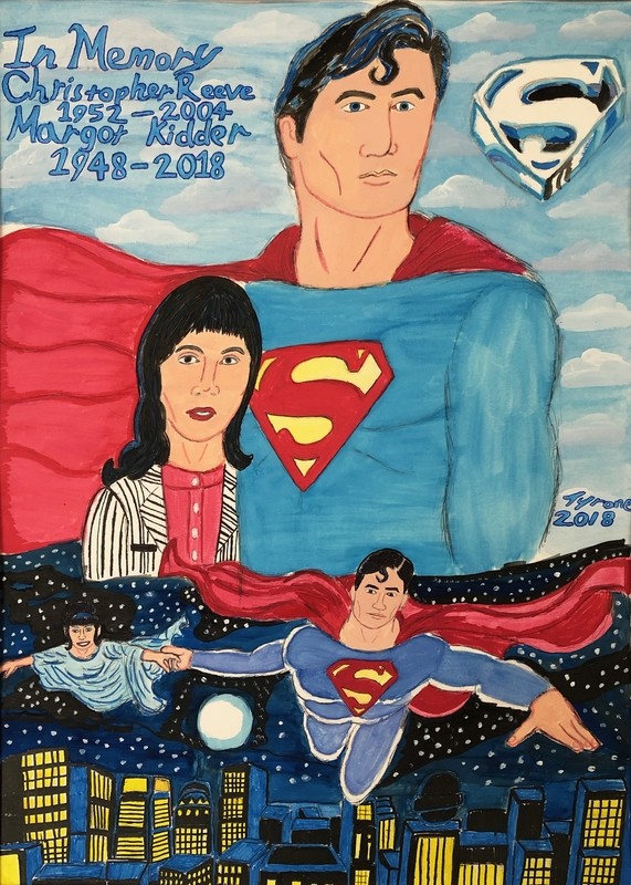 Super Couple: Dedicated to Christopher Reeve and Margot Kidder depicts the 1978 versions of Superman and Lois Lane. At the top left corner are the words, &quot;In Memory of Christopher Reeves: 1952-2004, Margot Kidder: 1948-2018.&quot; At the top right is the Superman symbol. Below that are the busts of Lois Lane, on the left, and Superman, on the right. Under that is Lois (left) and Superman (right) flying through the sky with the moon and stars behind them and a city underneath them. The piece is signed Tyrone 2018.
