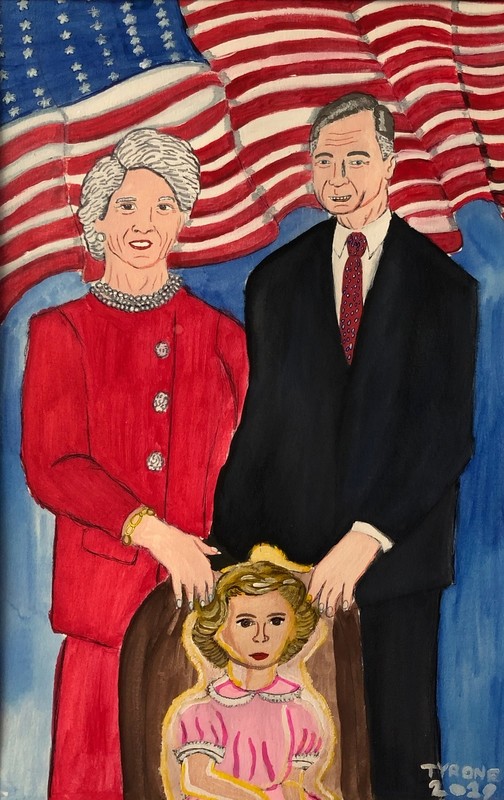 Family Reunited: George H.W., Barbara, and Pauline “Robin” Bush depicts former President George Bush&#39;s family. The family stands in front of a waving American flag. Barbara, on the left, wears a red button down top and skirt with a pearl necklace and earrings. Her right hand rests on the chair in front of her. On the right is George Bush wearing a black suit with a red tie. His left hand rests on the chair in front of him. On the chair sits Pauline Bush in a pink frilly dress. behind her body is a glowing halo. The piece is signed Tyrone 2019. 