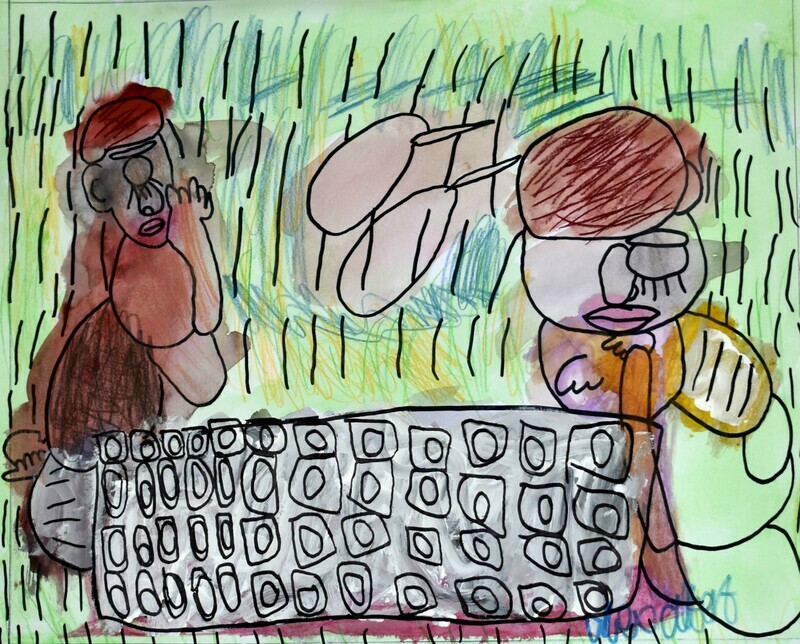 Two stylized characters stand over a gray checkerboard at opposite ends of the frame. The character on the left is standing further away and looking over at the checkerboard, with reddish-brown short hair and one eye centered in their face. The character on the right has a similar haircut and one eye positioned on the right side of their face, and is seated closer to the checkerboard resting their hand on their knee. The background is layered in multiple shades of green with stylized black lines to represent the grass.