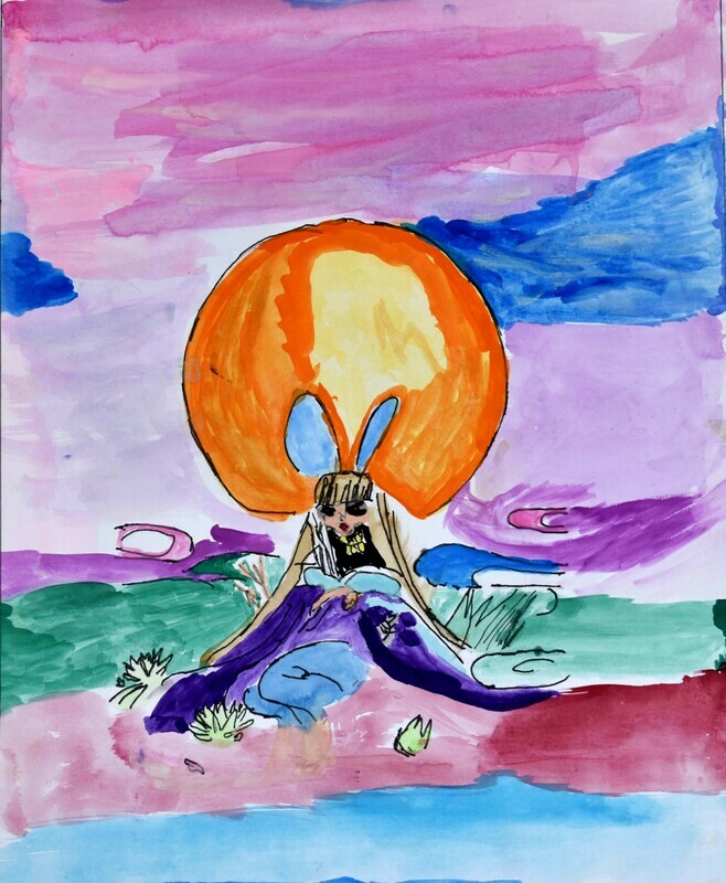 The titular character sits by a riverbank in center frame with long blonde hair and blue bunny ears. She&#39;s wearing blue pants and a purple cloak, and she has her feet dipped into the riverbank. Behind her is a large orange sun, painted over a multicolored sky with varying shades of purples, pinks, and blues.