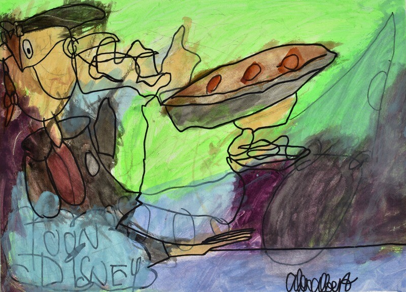 In a composition with abstract linework, Ichabod Crane lies seated at the left edge of the frame, with a black hat, brown hair tied into a single braid, and a black suit that features a reddish handkerchief at the collar. Abstract linework leads out of Ichabod Crane and towards a pie in the center of the composition. As the composition goes from left to right, the background color gradients from bright green to dark purple. The ground that Ichabod Crane is sitting on is blue, and in the lower left corner where he’s seated, a logo reading “Toon Disney” is shown.