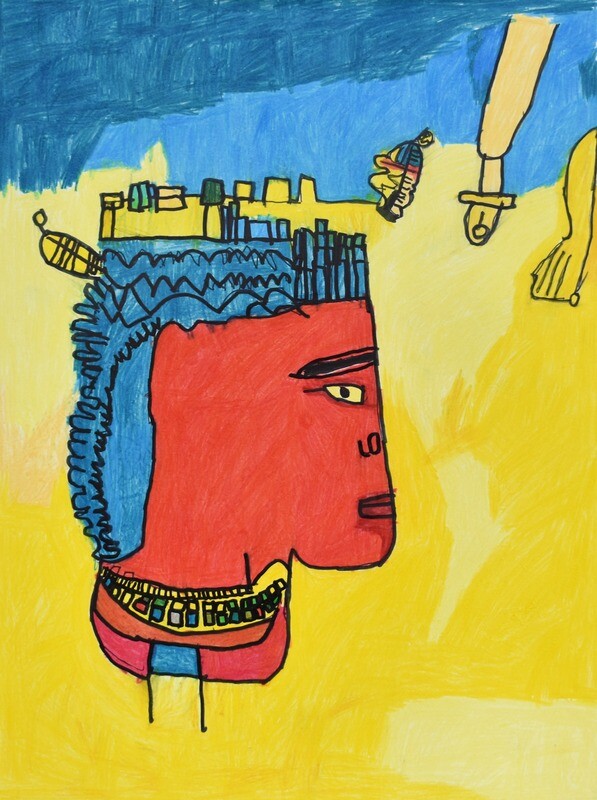 Tutankhamun depicts the bust King Tutankhamun over a yellow background with a city and a blue sky in background. King Tutankhamun faces the right. His hair is a blue mullet and his skin is bright orange. Around his neck is a golden necklace with multiple different gem stones going around the entire necklace. The collar of his shirt is red with a blue line in the middle. Above him is gem looking objects next to a skyline. 
