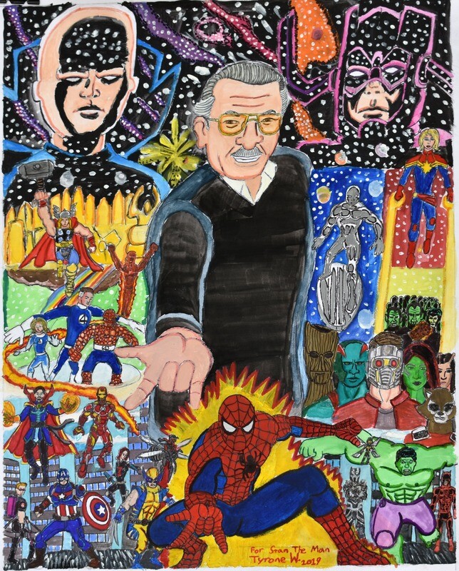 Excelsior: Stan Lee Tribute shows the late Marvel comic book writer and artist Stan Lee surrounded by his superheroes. Stan Lee stands in the center with his yellow tinted glasses and black shirt in the Spiderman pose. At the top left is a space scene with Uatu of the Watchers with his large bald head and blue collared cloak. He is blanketed in stars. Below him is the golden world of Asgard with Thor and his mighty hammer flying over the rainbow bridge. Below him is the Fantastic Four, Sue Storm, Richard Reed, Johnny Storm, and Ben Grimm. Sue and Richard are in their blue suits, Ben&#39;s body is made of rock, and Johnny is covered in flames. Below them are the Avengers in New York City. The team is made up of Dr. Strange, Ironman, Captain America, Hawkeye, Black Widow, Wolverine, and Antman on a flying ant. Directly below Stan Lee is Spiderman in his iconic red and blue suit in his signature stance ready to shoot his webslingers. A yellow and red blast sits behind him. At the top right is a space scene with the cosmic entity Galactus in his pink horned mask. He is blanketed in stars. Below him are the Silver Surfer, a man made of silver on a surfboard, and Captain Marvel in her red and blue starred suit, shooting laserbeams. Behind them are stars and planets. Under Captain Marvel are the green aliens known as the Skrull. Below them are the busts of the Guardians of the Galaxy. The group consists of the tree-man Groot, the green and red alien Drax the Destroyer, the masked leader Star-Lord, the green alien assassin Gamora, the raccoon Rocket, and the antenna alien Mantis. Under them are more of the Avengers and New York. The characters include the Black Panter, the Wasp, the Hulk, and Daredevil. The piece is signed, &quot;For Stan the Man... Tyrone W. 2019.&quot;