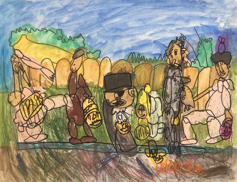  Different characters wearing various Halloween costumes are lined up in the center of the frame in front of a landscape with muted green grass and a dark blue sky. The characters are all holding pumpkin pails for candy, and they are walking along a dark, multicolored path as they go trick-or-treating.