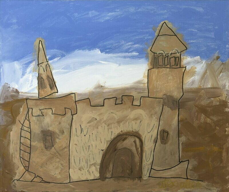 A tan-colored sandcastle fills the stretch of the composition, with an entrance gate in the center building and two tall towers at either side of the gate. The two towers feature pointed roofs and small windows along the width of the wall just below the roofs. Sand surrounds the base of the sandcastle, and the blue and white ocean water can be seen behind the castle.