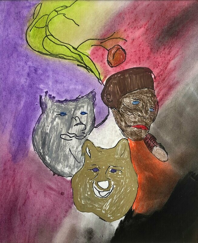 Over a background blocked in multiple hues including purple, pink, plum, orange, black, and gray, the faces of two wolves and one man are drawn center frame. The leftmost wolf has gray fur and blue eyes, while the wolf at the bottom center of the triad has taupe fur and indigo eyes. The face of the man at the right corner of the triad has blue eyes, brown hair, and a large cigar dangling from his mouth. A green branch curves out from the trio of faces, and a single fruit dangles from one of the twigs.
