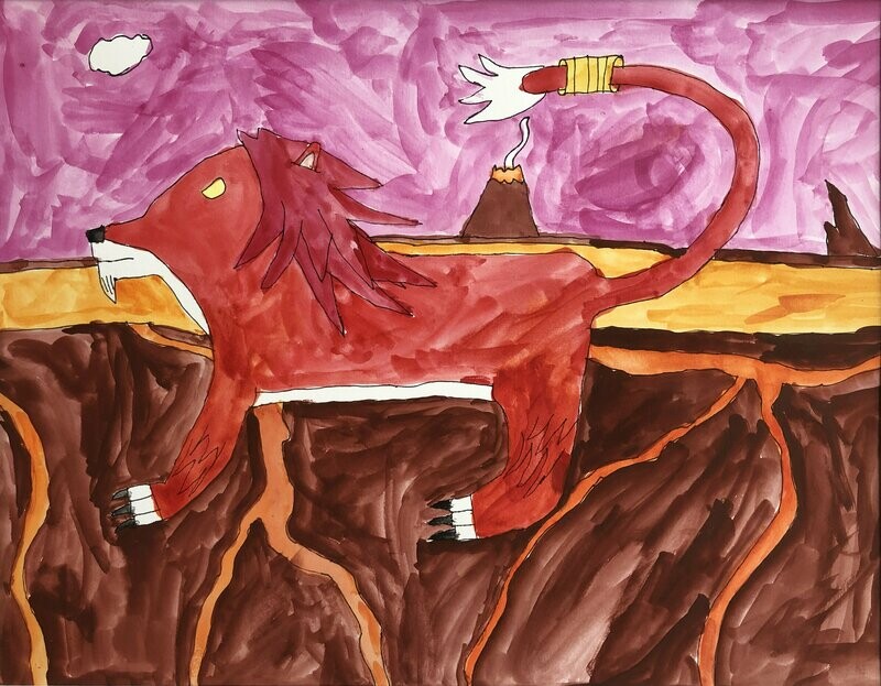 Fire Lion features a orange lion facing left and in the center of the scene.  There is a bright pink sky with a small could and a volcano sits in the background.  The lion stands on a brown ground with orange lava lines leading off the bottom of the page.