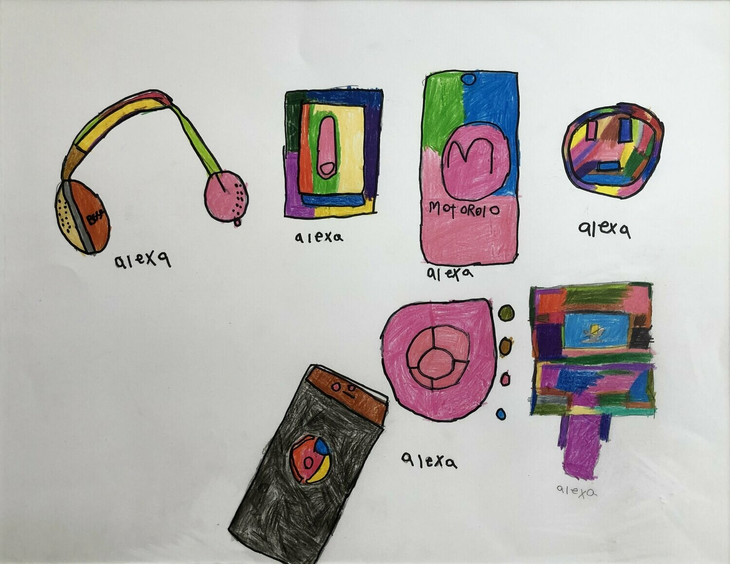 Gadgets depicts different devices including headphones, a tape, a Motorola phone, a charger, an outlet, a DS, and a Switch. The headphones sit at the top left. The top of the headphones are brown, green, and yellow. The over the ear section is red, brown, and yellow on the left and pink on the right. The headphones are labeled &quot;alexa.&quot; The tape is rimmed in black, purple, blue, and yellow. The inside is red, green, and yellow. The interior is red. The tape is labeled &quot;alexa.&quot; The Motorola is green, blue, and pink. The M logo is pink and underneath reads &quot;Motorola.&quot; The phone is labeled &quot;alexa.&quot; Next to the phone is an outlet. The outlet is rainbow and labeled &quot;alexa&quot; Under the phone, is a charger station. The charger station is pink with a circle in the center with lines leading to a smaller circle. Next to the charger are four dots which are green, brown, red, and blue. The charger is labeled &quot;alexa.&quot; On the right, is a rainbow DS labeled &quot;alexa.&quot; On the left, of the charger is a switch. In the center of the Switch is a red, yellow, and blue circle. To the right is a red controller. 
