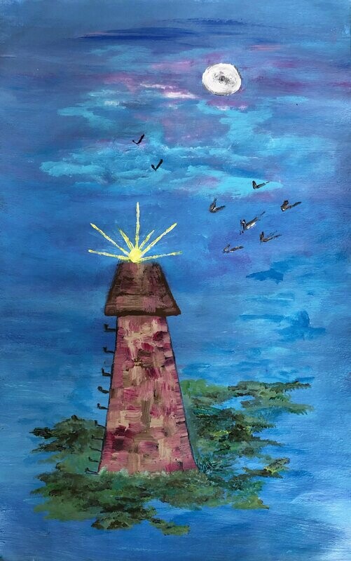 A brick watchtower stands over green grassy patches in a floating sea of blues. The background is comprised of varying shades of blues, indigos, and purples. Vertical steps protrude from the left side of the watchtower, and a bright yellow light shines from the top of the roof. A white moon is painted towards the top right corner of the composition, with lighter blues surrounding the moon and a flock of birds flying in the distance.