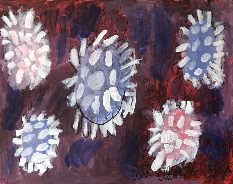 Over a layered dark red and blue background, an array of five close-ups of the coronavirus in alternating light red and blue colors fill the space of the composition.