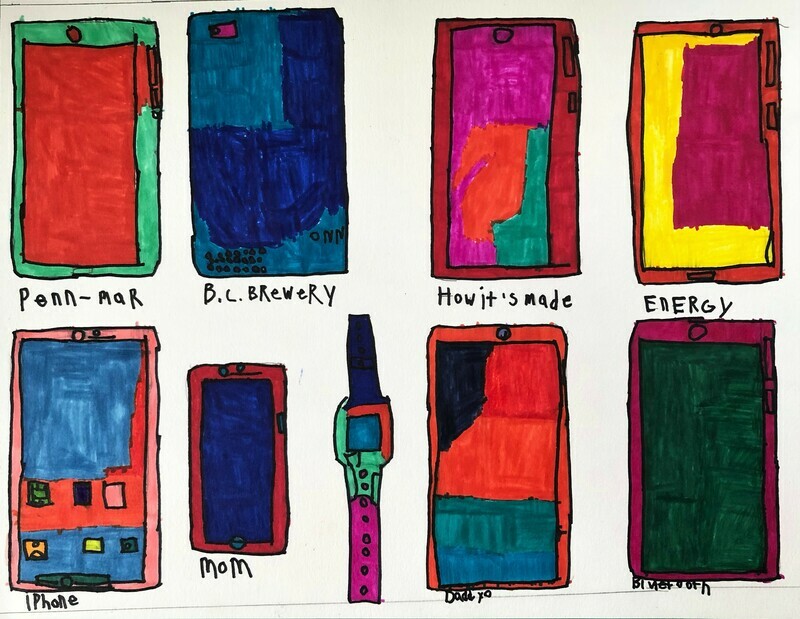 White background showcasing  8 colorful Iphone cases and one watch.  Starting in top left corner, a red case with a green outline, below written Penn-Mar.  Next is blue shades case with words, BC Brewery; Next is a red outline with pink, red and green shapes inside with words How it&#39;s made underneath.  The last in the top row is an orange outline with yellow interior and one large pink rectangle off center.  The word energy is written beneath.  The 2nd row, starting in left is a pink outline with blue inside and small colorful squares.  I phone is written below.  Next is a red outline with purple inside with Mom written below.  Next is a watch with a purple top strap, teal and orange area surrounding blue face and a pink bottom strap.  It is followed by an orange outline with orange inside.  On top of the orange is a blue rectangle, the top left corner shows black shading. Daddy-0 is written below.  Final case features an orange outline with forest green inside and bluetooth under.