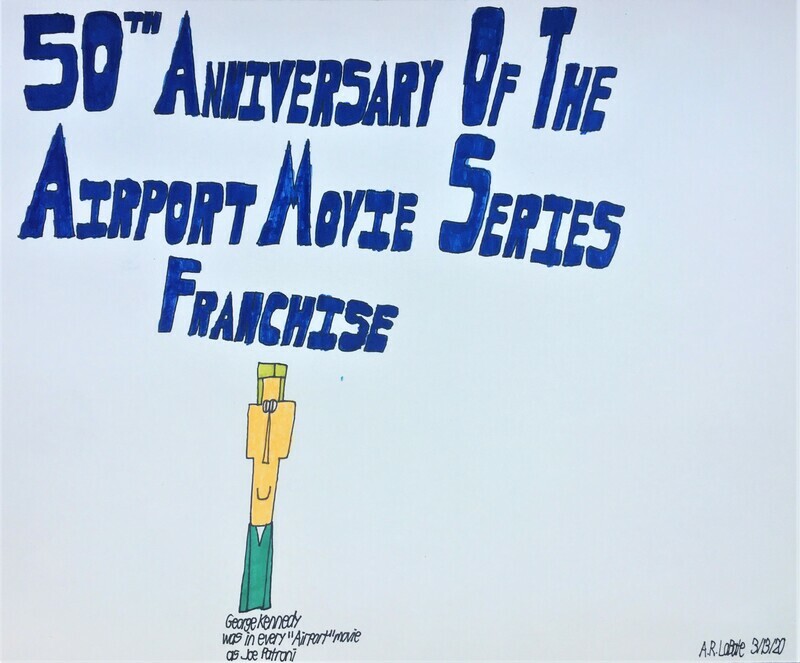 A blonde haired man dressed in a teal green shirt is smiling. Above it says &quot;50th Anniversary of the Airport Movie Series...&quot;
