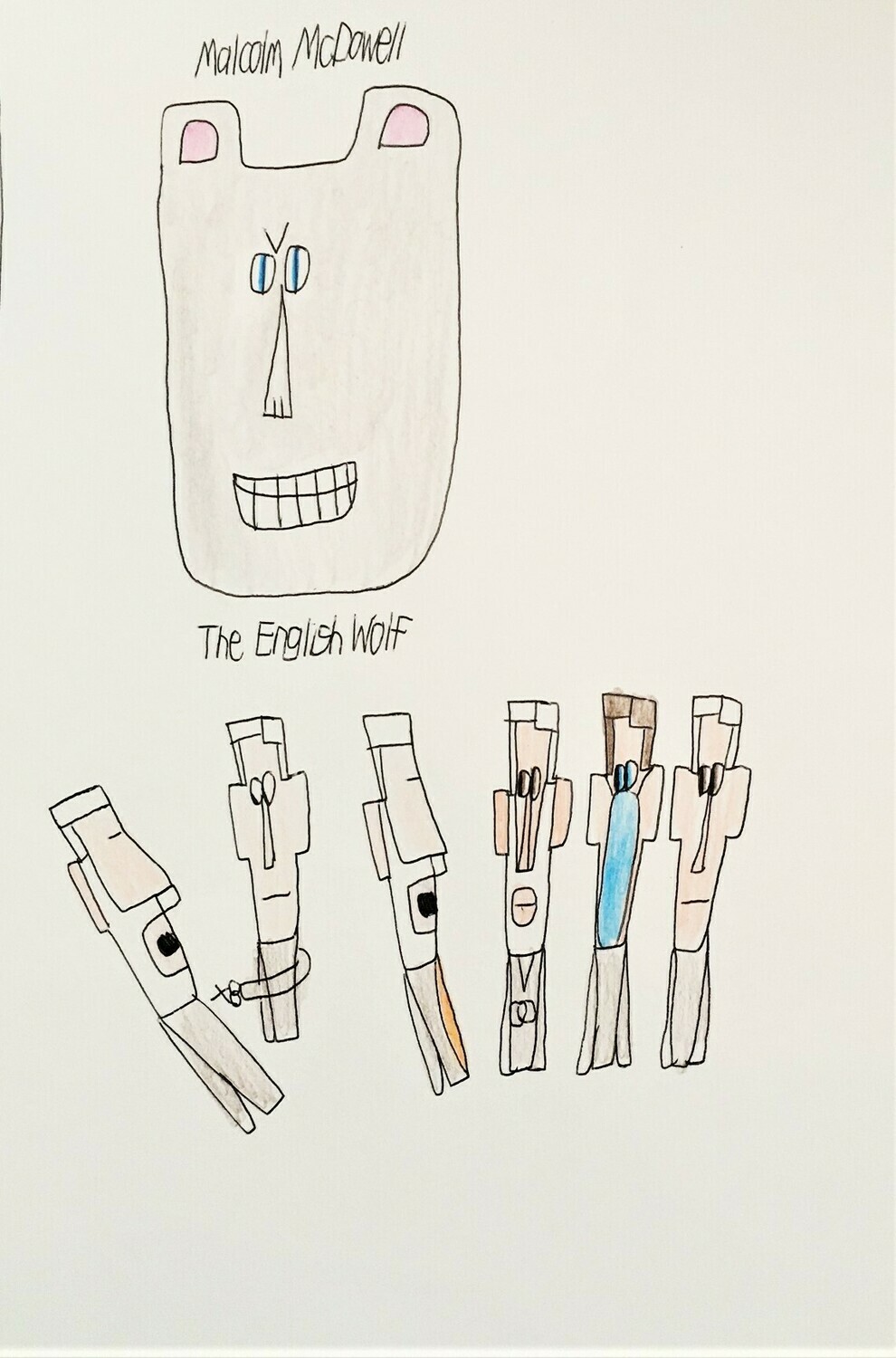 A smiling wolf with blue eyes is above 6 men. One is holding scissors to a man&#39;s throat. Another man has a surgical mask.
