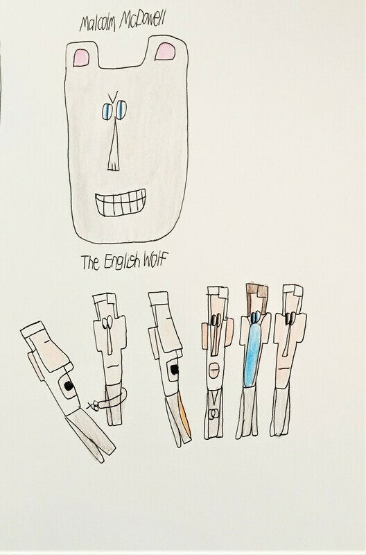 A smiling wolf with blue eyes is above 6 men. One is holding scissors to a man&#39;s throat. Another man has a surgical mask.