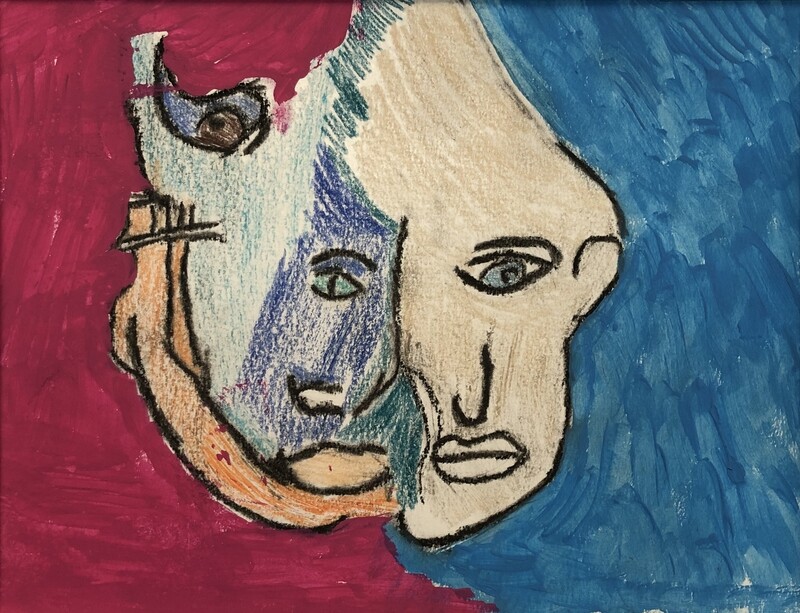The halves of two separate faces are joined in the center of the composition, with the left half colored in shades of blue and orange, and the right half colored in beige. Both halves feature only one eye located at the right side of their faces, with blue irises and abstract silhouettes that conjoin the two faces together. The background reflects the dual concept with a two-toned color palette that&#39;s colored a deep red on the left half of the composition, and dark blue on the right half.