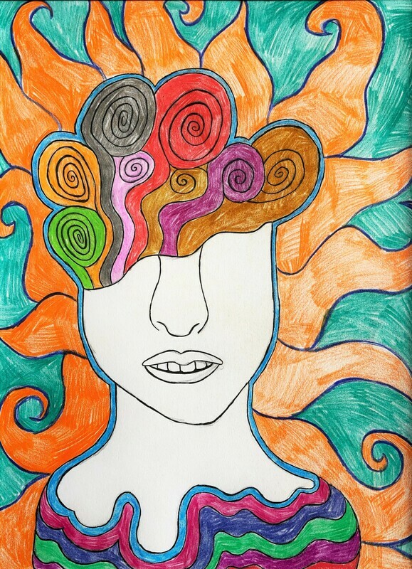A portrait of a face fills the composition, directly facing the viewer. Covering the eyes of the face, tall, swirling shapes of various colors erupt from the upper half of the portrait. The curls range in hue from green, orange, grey, pink, red, gold, purple, and brown. Wavy layers of blue, magenta, navy, green, purple, and red cut through the bust of the portrait, at the bottom of the frame. Behind the subject, rays of orange hair with curls towards the ends burst out towards the edges of the piece. A solid backdrop of turquoise fills the remainder of the frame.