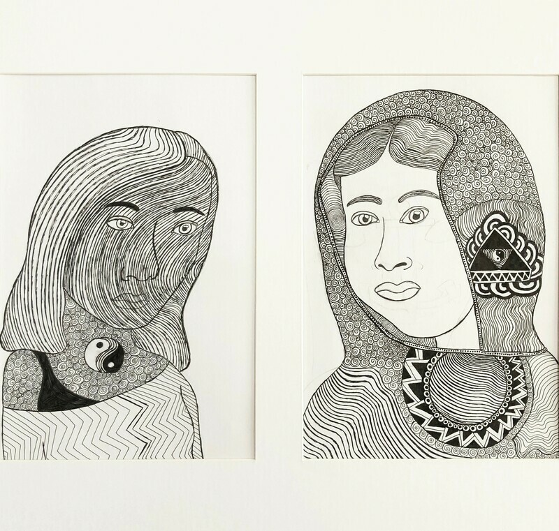 Dichotomy of the two subjects of the piece, rendered in black and white linework. The sister at the left has shoulder-length hair with waving lines repeating throughout, and denser repeating lines throughout her face as well. She&#39;s wearing a one-shouldered shirt with a zigzag pattern, with a black undershirt visible through the cold shoulder. A yin-yang symbol is visible in the center of her neck, which is filled in with a dense, curling pattern of lines. The sister at the right is wearing a hijab that reflects the same curling pattern seen on the lefthand sister&#39;s neck, although in contrast, her face does not feature any patterns. The yin-yang symbol is reflected on the righthand sister&#39;s hijab, along with more complex, circular patterns of zigzags, dotting, curls, and waving lines towards the base of her hijab.